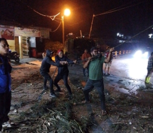 Pegawai dinas lingkungan hidup melakukan pemotongan batang pohon.(ist)