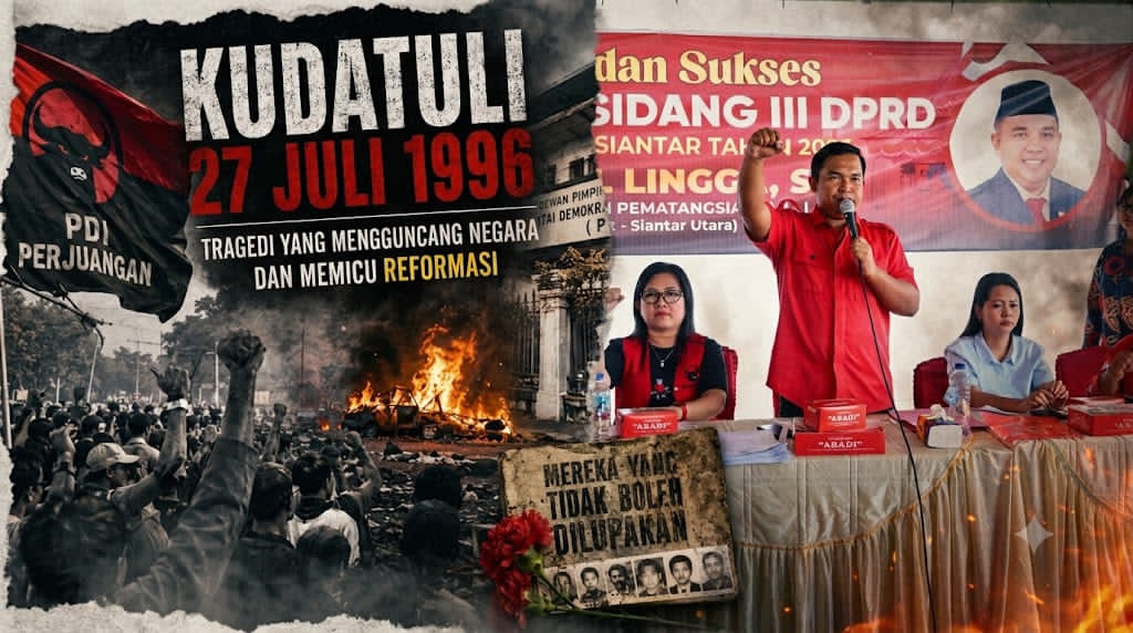 Immanuel Lingga saat memimpin acara nobar peristiwa Kudatuli di sekertariat DPC PDIP Kota Pematangsiantar.(Hegi)