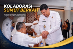 Bupati Dairi, Vickner Sinaga (kiri) berjabat tangan dengan Gubsu Bobby Nasution dalam cara Entry Meeting Ombudsman RI Tahun 2026 yang digelar di Aula Raja Inal Siregar, Kantor Gubernur Sumatera Utara.(ist)