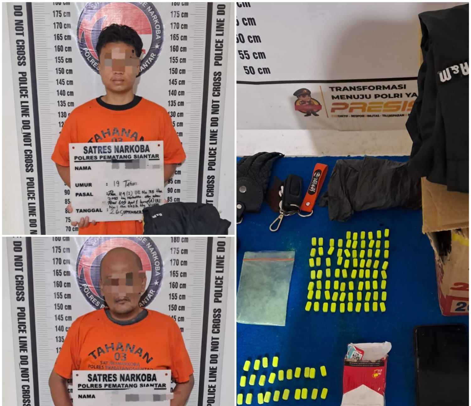 Polisi amankan kedua tersangka pengedar narkotika jenis ekstasi berikut barang bukti.(Hegi)