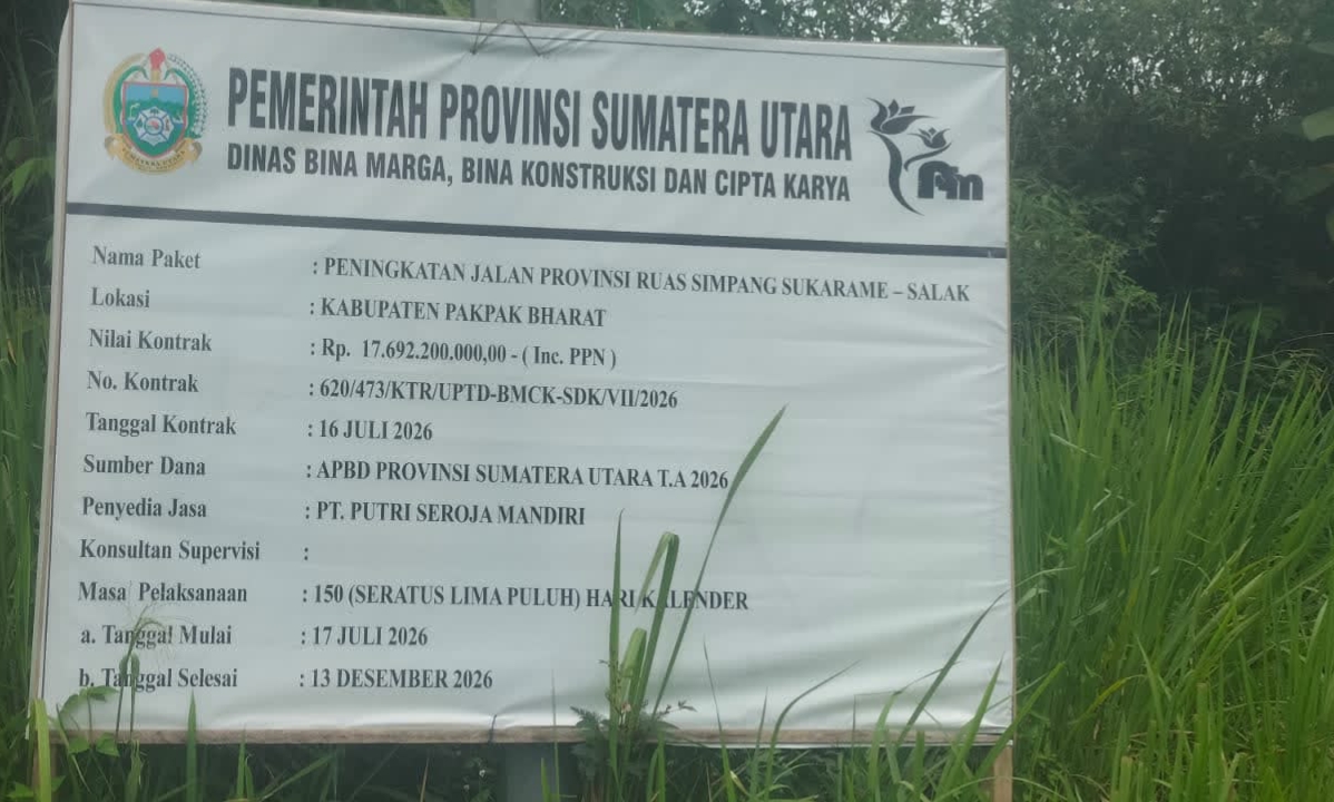 Plang Proyek peningkatan jalan provinsi ruas Simpang Sukaramai – Salak, Kabupaten Pakpak Bharat.(ist)